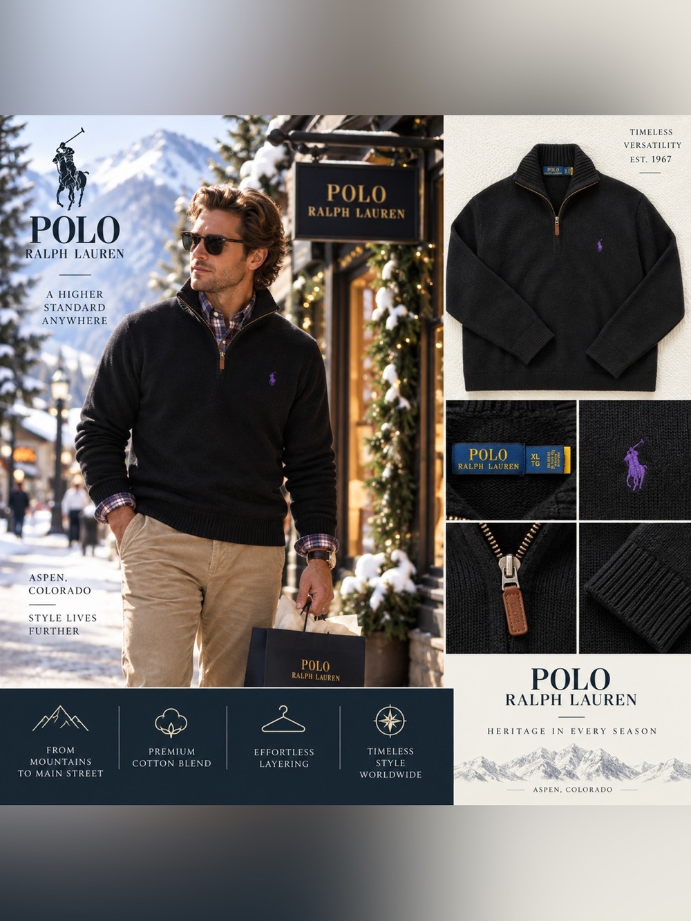 Polo by Ralph Lauren Black Quarter-Zip Sweater with Purple Pony